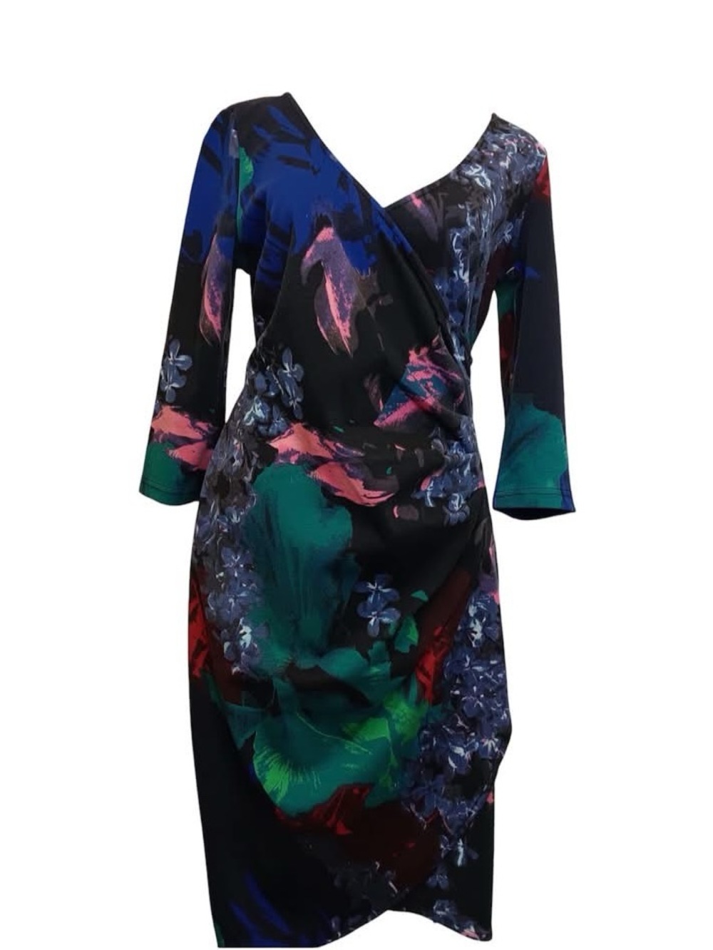 Floral Abstract Wrap-Style Midi Dress in Multi-Color